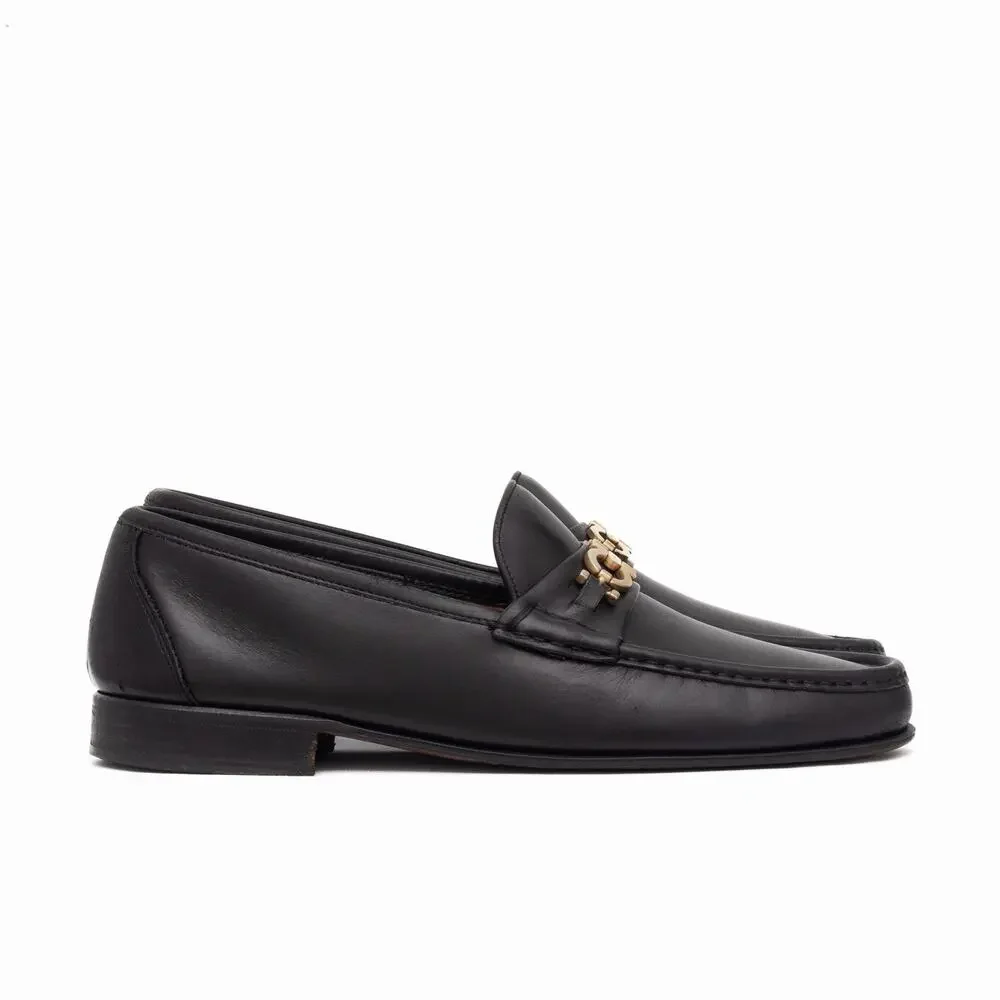 950$ SALVATORE FERRAGAMO Black Leather Gold Gancini Bit Loafers US 10.5 D